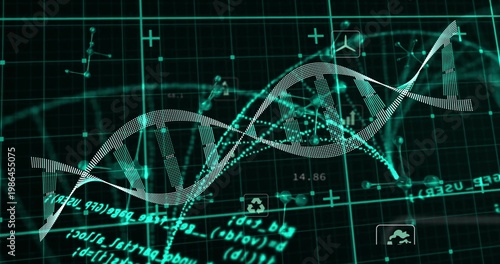 Rotating dotted DNA helix twisting across teal grid on data load, visualizing network analysis
