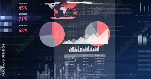 Showing data dashboard on center screen with overlapping donut charts, percent panels, histogram