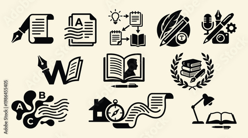 Collection of vector icons representing writing, education, creativity, and storytelling concepts.