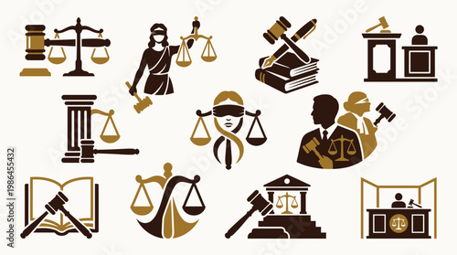 Collection of justice and law icons, including scales of justice, gavels, law books, and courtroom scenes.
