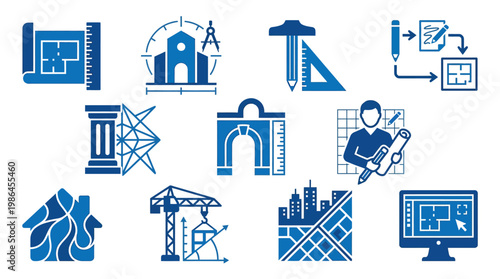 Collection of blue architectural and construction icons representing various aspects of building design, planning, and development.