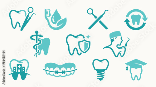 Collection of dental care icons and symbols representing various aspects of oral hygiene and dentistry.