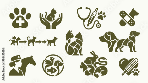 Collection of veterinary and animal care icons, including paw prints, pets, medical symbols, and animal silhouettes.