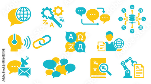 Collection of icons representing various aspects of translation services, including language processing, communication, and technology.