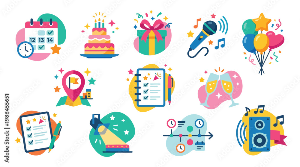 Naklejka premium A vibrant collection of flat design icons representing various aspects of event planning and celebration, including calendars, cakes, gifts, music, and more.