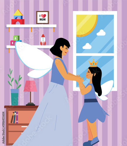 A mother and her daughter are dressed as blue fairies.
