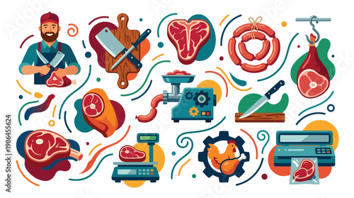 A vibrant and detailed illustration showcasing various aspects of the meat industry, from butchery to packaging.