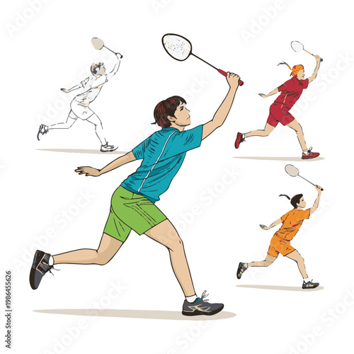 Diverse group of badminton players in various colorful outfits and poses athlete sport