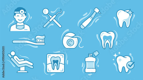 A collection of dental hygiene and care icons, including a dentist, dental tools, toothbrush, floss, mouthwash, and healthy teeth.