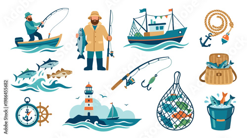A vibrant collection of illustrations depicting various aspects of recreational and commercial fishing, including boats, anglers, catches, and essential gear.