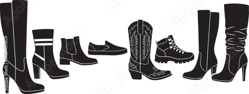 Footwear silhouettes icons set, boots loafers cowboy hiking shoes, fashion shoe design illustration, diverse footwear styles concept