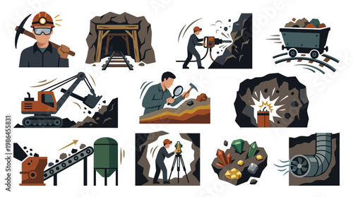 Collection of illustrations depicting various aspects of mining operations, from exploration and extraction to processing and safety.