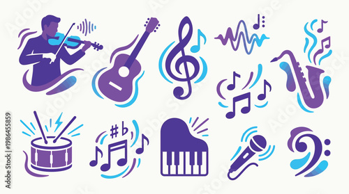 A vibrant collection of musical instruments and symbols, including a violinist, guitar, saxophone, piano, drum, and microphone, rendered in a modern, stylized purple and blue artistic design.