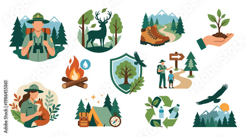 Collection of illustrations depicting park rangers, wildlife, camping, hiking, and environmental conservation themes.