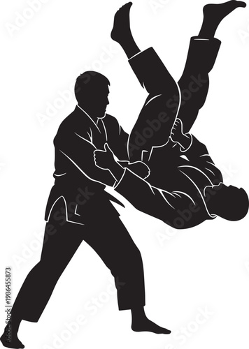 Judo Athletes Silhouette Featuring Martial Arts Throw for Sports Competition Professional Training and Combat Defense Flat Vector Illustration Black and White