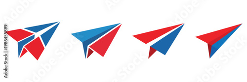 Paper plane icons set with red and blue origami aircraft flying symbols