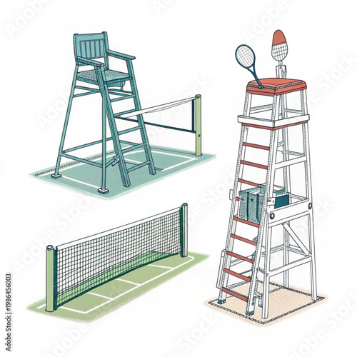 Tennis court equipment umpire chair net and net posts illustration vector