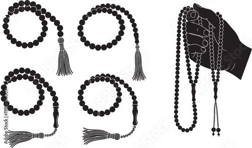 Prayer beads silhouette illustration, rosary mala design, spiritual meditation artwork, black religious ornament concept