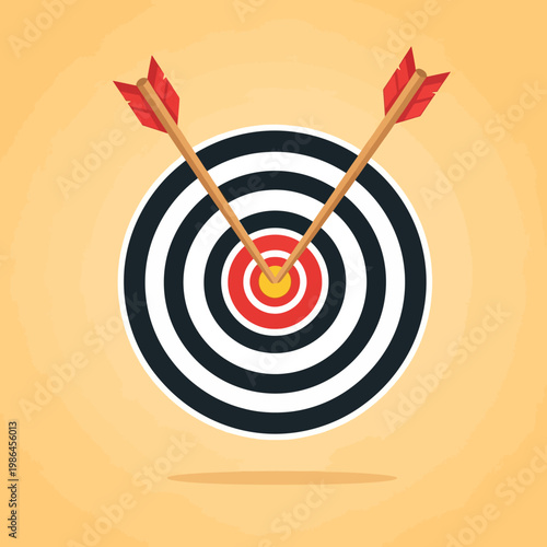 Flat vector illustration of a circular archery target with concentric black, white, and red rings, featuring two wooden arrows with red fletching hitting the center yellow bullseye.