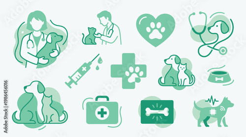 A collection of veterinary icons and illustrations, featuring veterinarians, pets, medical symbols, and equipment, all in a cohesive green color scheme.