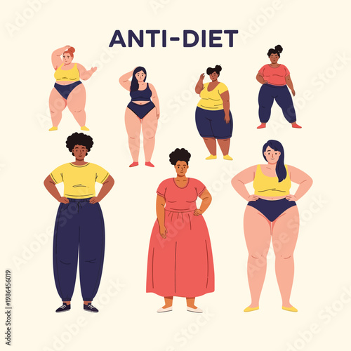 Vector illustration of diverse plus-size women in casual wear and swimwear with ANTI-DIET text, promoting body positivity, self-acceptance, and inclusivity across various ethnicities.