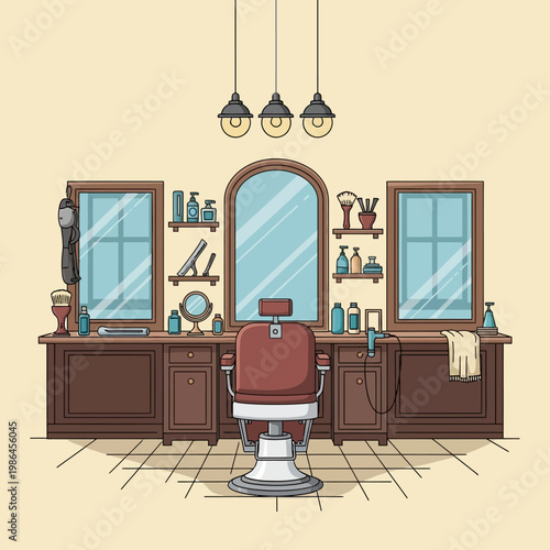 Classic vintage barbershop interior vector illustration featuring a red leather barber chair, wood cabinetry, arched mirrors, grooming supplies, and hanging pendant lamps.