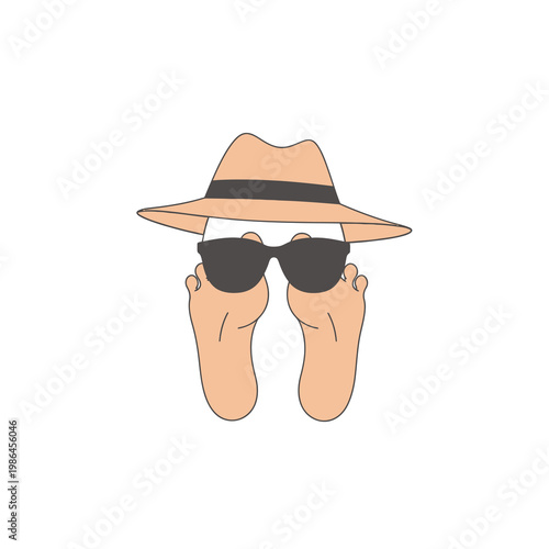 Minimalist vector illustration of human bare feet soles wearing a beige straw sun hat and dark sunglasses, creating a humorous character face, isolated on a white background.