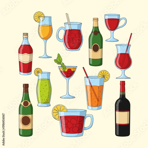Flat vector illustration of various alcoholic and non-alcoholic drinks, including wine bottles, champagne, cocktails with citrus garnishes, sangria, and fruit juices in glasses.