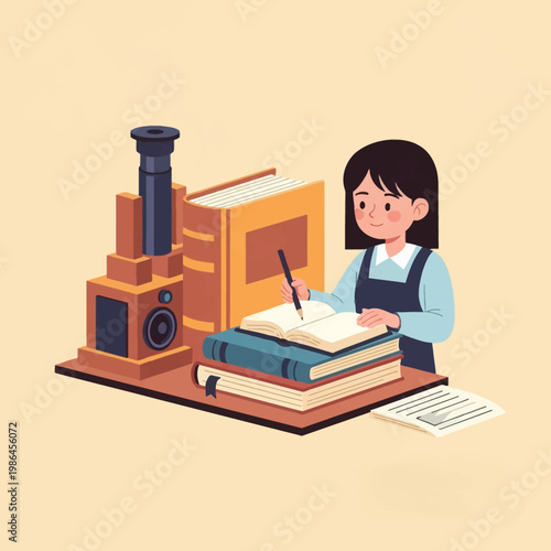 Flat vector illustration of a girl writing in an open book on a desk with a stack of hardcover books and a mechanical publishing machine model on a solid background.