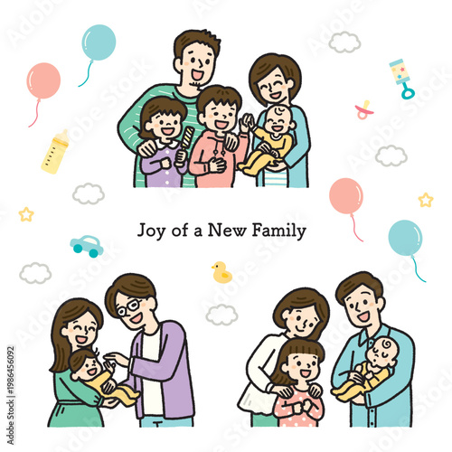 様々な家族と赤ちゃんの楽しいひとときのイラストセット カラフル