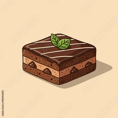Vector illustration of a square layered chocolate brownie with cream filling and chocolate chips, topped with dark chocolate glaze, white stripes, and green mint leaves garnish.