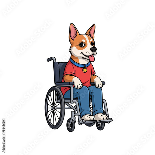 Cartoon style illustration of a disabled Corgi dog sitting in a manual wheelchair wearing a red shirt and blue trousers, featuring a happy expression on a white background.