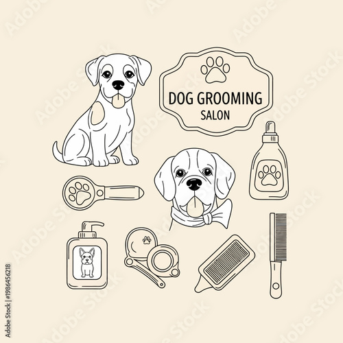 Dog grooming salon doodle set featuring line art illustrations of a sitting dog, canine head with bandana, shampoo bottles, professional comb, slicker brush, and salon signage logo.