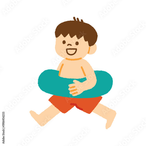 海 男の子 浮き輪 水着 子ども 走る イラスト
