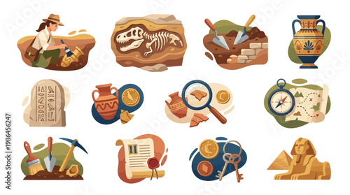 A vibrant collection of illustrated icons representing archaeology, featuring dig sites, ancient artifacts, tools, and historical landmarks.
