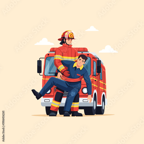 Flat vector illustration of a professional firefighter in protective gear carrying an injured person in front of a red fire truck during an emergency rescue operation.