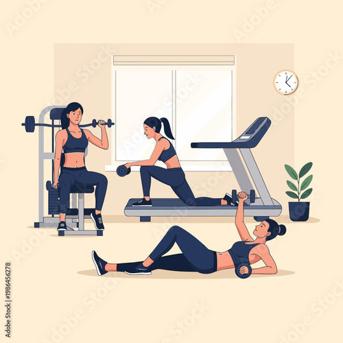 Flat vector illustration of several women participating in a fitness workout inside a gym or home studio featuring a treadmill, weight machines, and dumbbell exercises.