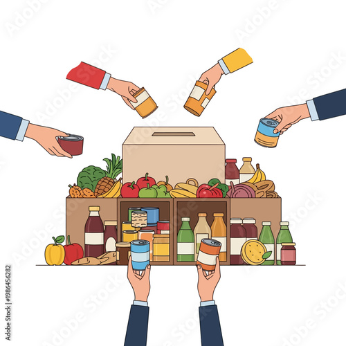 Vector illustration of several hands donating canned food and jars into cardboard boxes filled with fresh fruits, vegetables, and bottled drinks for a community charity event.