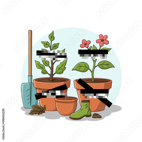 Cartoon vector illustration of two terracotta potted plants, a blue shovel, and a green rubber boot, featuring humorous black censorship bars and pixelated strips over the foliage.