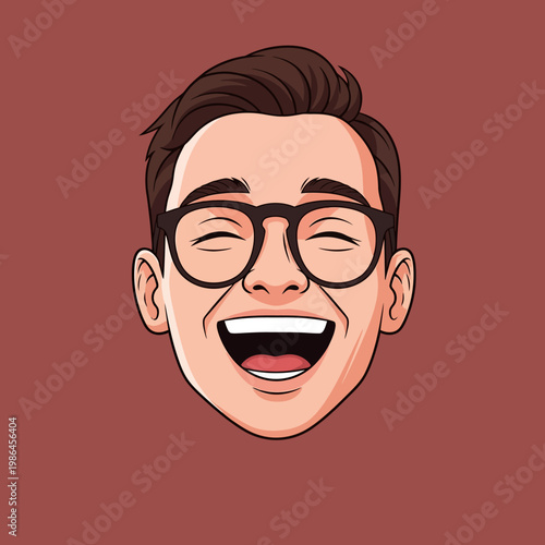 Vector illustration of a laughing young man with short brown hair and black-rimmed glasses on a solid brown background, featuring a wide open-mouthed joyful facial expression.