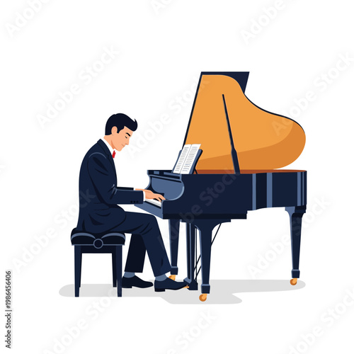 Vector illustration of a professional male pianist wearing a navy blue suit and red bow tie performing on a black grand piano with a gold interior, isolated on white background.