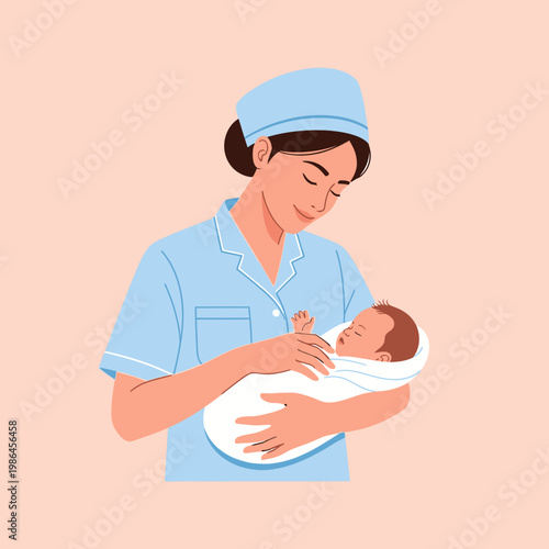 A professional midwife in a light blue scrub uniform and cap cradles a sleeping swaddled infant, illustrating postnatal care, nursing support, and maternal health services.
