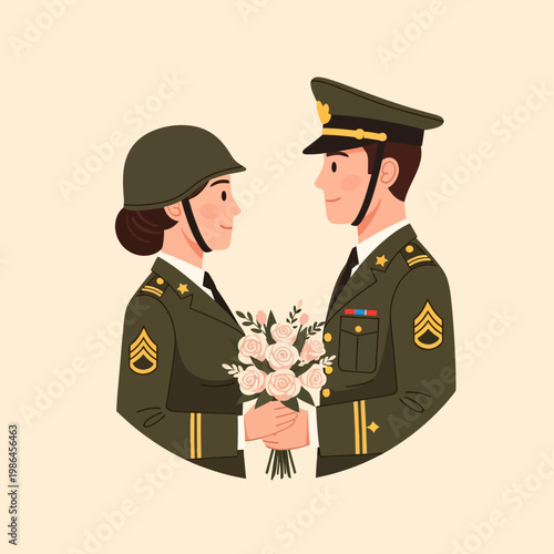 Vector illustration of a military couple in olive green dress uniforms holding a bouquet of pink roses. Man in peaked cap and woman in helmet facing each other on a plain background.