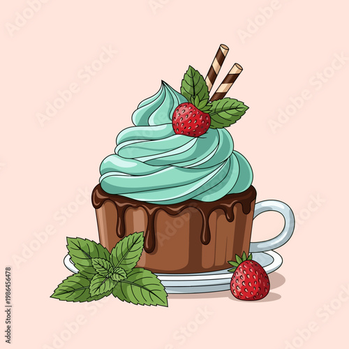 Vector illustration of a chocolate dessert in a cup with mint green swirl frosting, chocolate sauce drip, wafer sticks, fresh strawberries, and mint leaves on a white saucer.