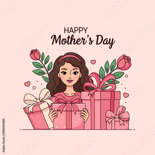 Vector illustration of a young woman with brown hair holding pink gift boxes surrounded by roses and hearts, with Happy Mother's Day text on a cream pastel background.