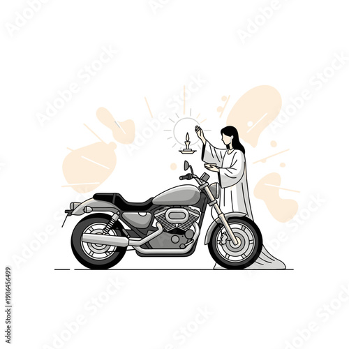 A vector illustration of a religious or spiritual figure in a white robe performing a ritual blessing on a grey cruiser motorcycle with a lit candle icon and raised hand.