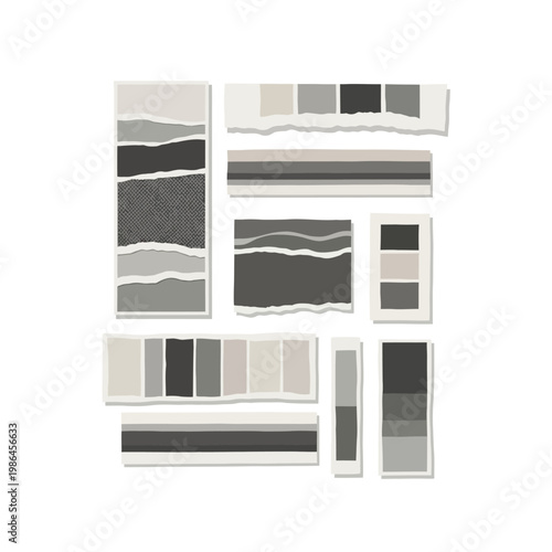 Collection of various torn paper scraps and decorative strips in monochrome tones featuring deckled edges, stripes, and grid patterns for scrapbooking and collage design on white background.
