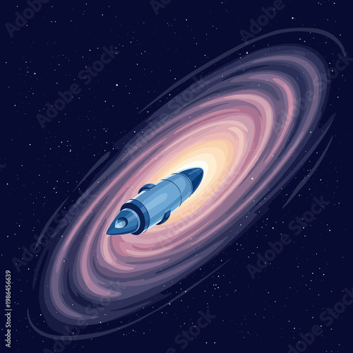 Stylized vector illustration of a blue spaceship traveling toward the bright core of a spiral galaxy with pink and purple swirling gas clouds in deep starry space background.