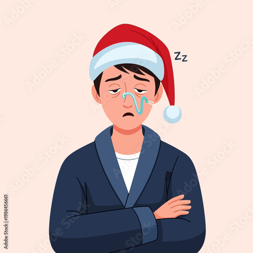 Vector illustration of a tired man wearing a red Santa hat and blue robe, featuring a CPAP nasal tube and dark eye circles representing sleep apnea and holiday exhaustion.