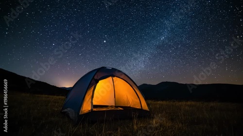 Illuminated blue camping tent glowing with warm light in a grassy field at night under a clear sky filled with stars and the Milky Way galaxy with silhouettes of mountains in the distance.